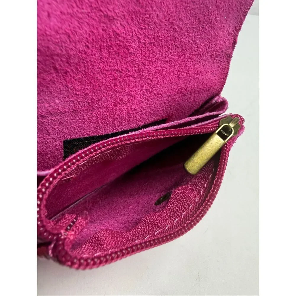 Genuine Leather Metallic Pink Wallet Zip Coin Pouch Compact Card Holder